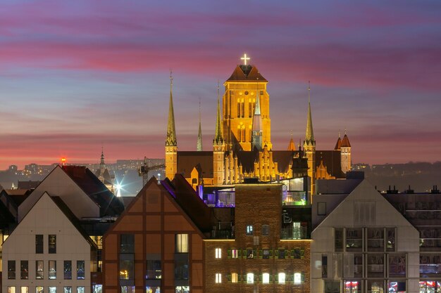 Aerial view of saint mary church at sunset in old town of gdansk poland