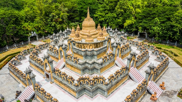 Aerial view sandstone pagoda in Wat Pa Kung Temple, Wat Prachakom Wanaram, Roi Et, Thailand.