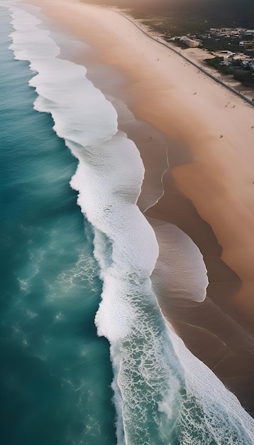 朝の砂浜と海の波の空中景色