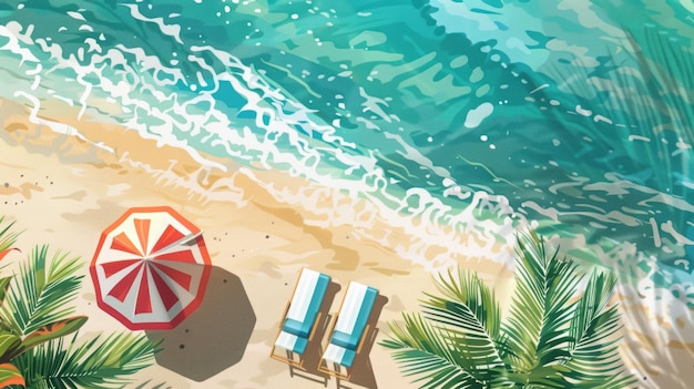aerial view of sandy beach with red and white umbrellas and lounge chairs