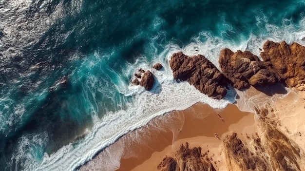 Aerial view of sandy beach with waves perfect spot for surfing generative ai