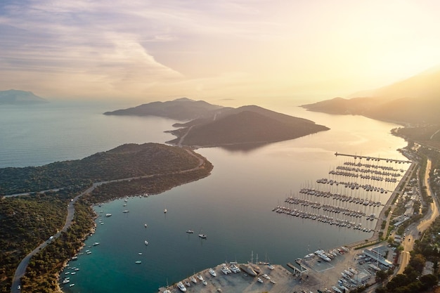 Aerial view of scenic beautiful riviera landscape at sunset