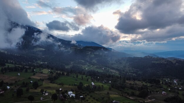 Aerial view of scenic landscape in Rodnei mountains of Romania.