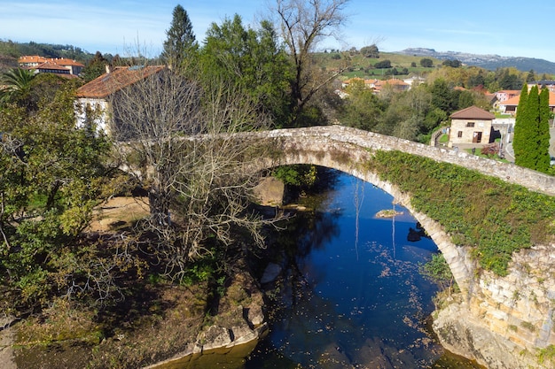 Aerial view of a scenic medieval bridge in lierganes cantabria spain