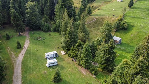 Aerial view of scenic place in nature with camper cars.