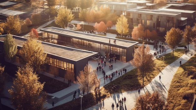 Aerial view of a school on the first day of classes back students entering all the facilities are seen