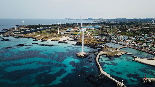 Aerial view of sea against clear sky