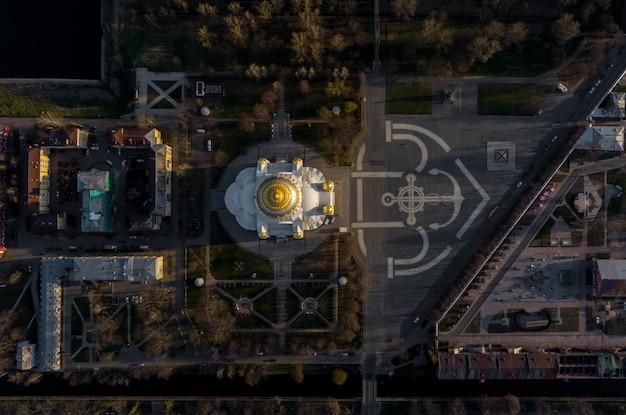 Aerial view of the sea capital of russia kronstadt at sunset the golden dome of the huge main naval