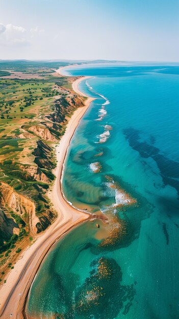 Aerial view of the sea coast with blue ocean and long sandy beach