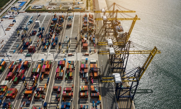 Aerial view sea port Container cargo loading ship in import export business logistic