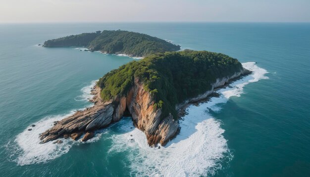 海の波が青い海の岩にぶつかる空から見る 沿岸の岩のトップビュー