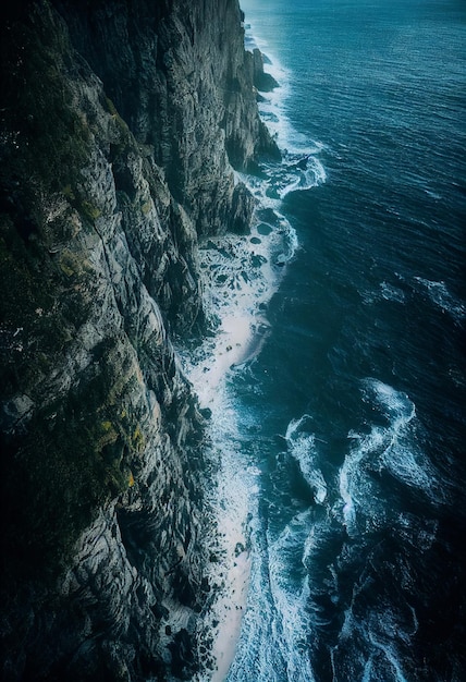 Вид с воздуха на морские волны и фантастическое скалистое побережье Красивый природный ландшафт с воздушной панорамой горы и побережье на закате