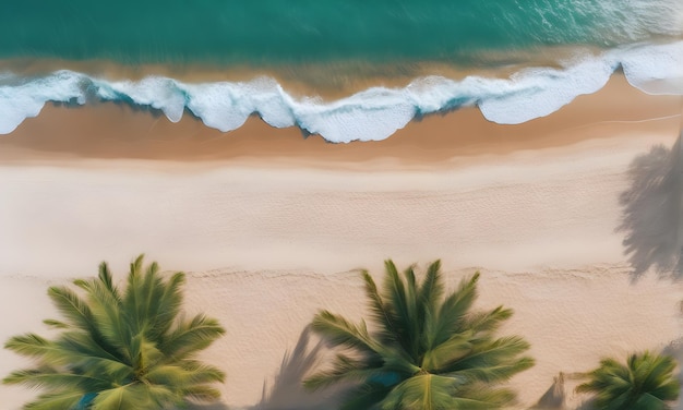 Aerial view of sea waves on sandy beach with palms