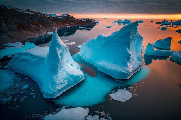 석양에 멋진 빙산이 있는 바다의 조감도 Generative AI