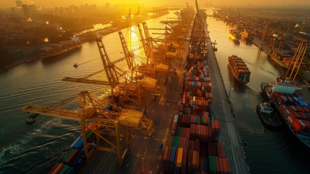 Aerial view of seaport at sunrise with cargo cranes and stacked shipping containers lively port