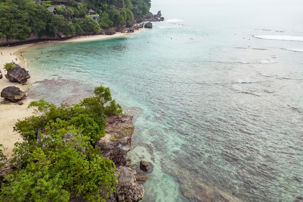 Aerial view of the seashore of Padang Padang Beach on Bali Island