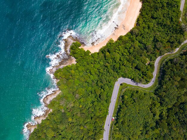 Aerial view seashore with mountains at Phuket Thailand Beautiful seacoast view at open sea in summer season