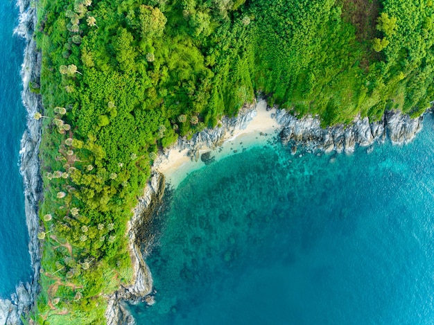 Aerial view seashore with mountains at Phuket Thailand Beautiful seacoast view at open sea in summer seasonNature Environment and Travel background