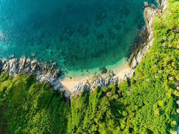 Aerial view seashore with mountains at Phuket Thailand Beautiful seacoast view at open sea in summer seasonNature Environment and Travel background