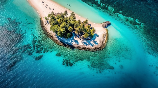 Aerial view of a secluded tropical beach Island with rocky formations palm trees