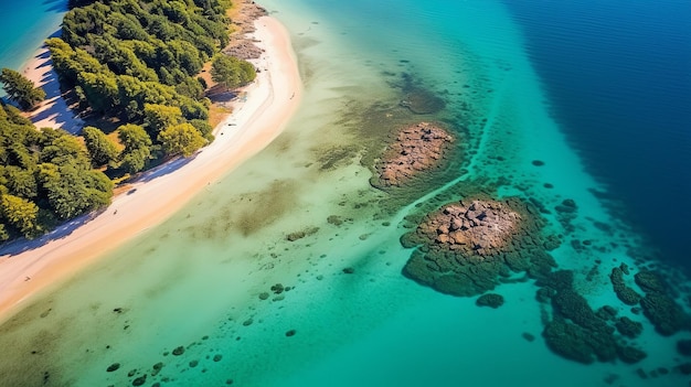 Aerial view of a secluded tropical beach Island with rocky formations palm trees