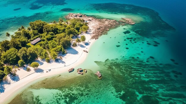 Aerial view of a secluded tropical beach Island with rocky formations palm trees