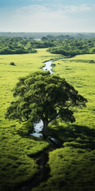 Aerial View Of A Serene Stream Flowing Underneath A Tree In A Field