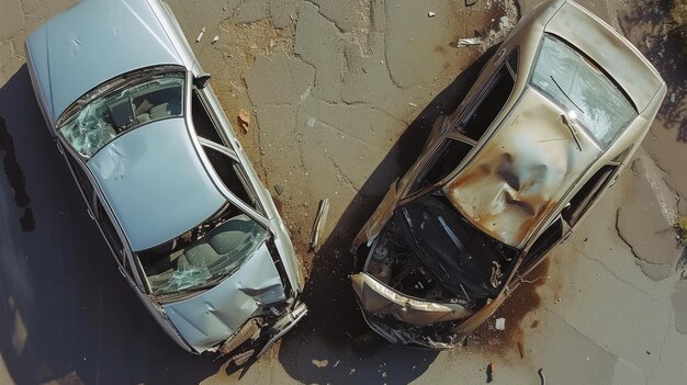 道路での2台の車の激しい衝突の空中写真