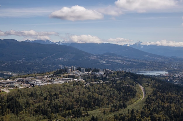 Aerial view of SFU on Burnaby Mountain