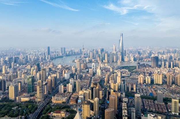 Aerial view of shanghai cityscape at dusk