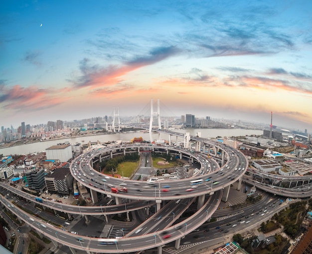 Aerial view of shanghai nanpu bridge in sunset ChinaxA