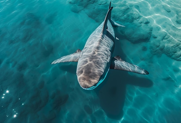 Aerial view of a shark freely swimming in open water