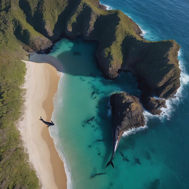 Aerial view of sharks in mountain sea