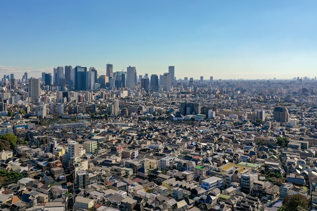 Aerial view of Shinjuku ward and many skyscraper building in Tokyo Japan.