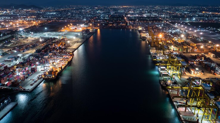 Photo aerial view shipping port international and container cargo ship export and import business service