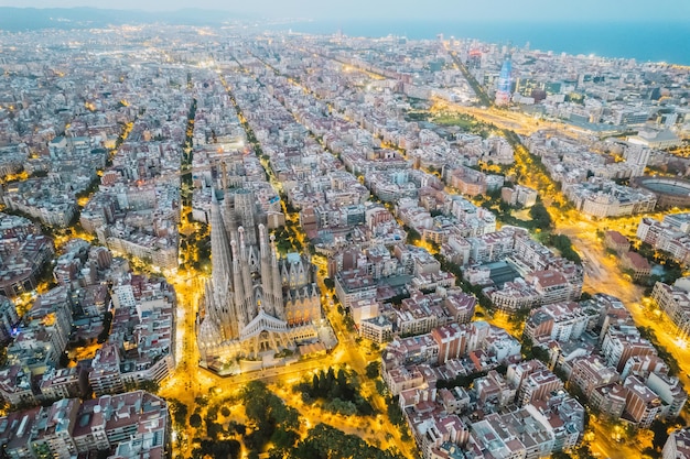 Aerial view shot of La Sagrada Familia Basilica Barcelona at night