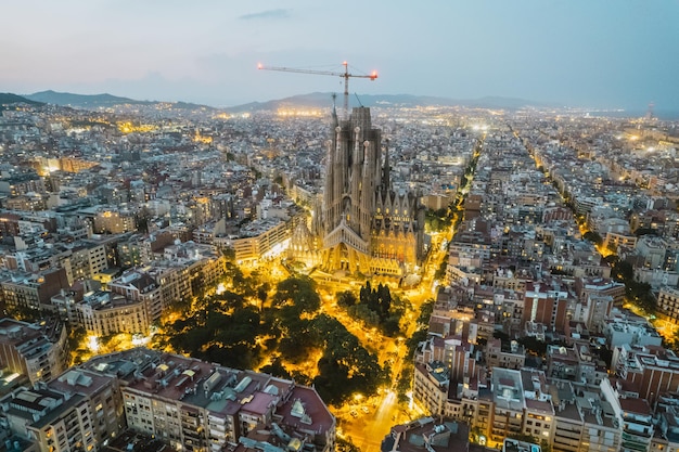 Aerial view shot of La Sagrada Familia Basilica Barcelona at night