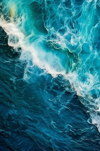 AI が生成した波が打ち寄せるダイナミックな青い海を示す航空写真