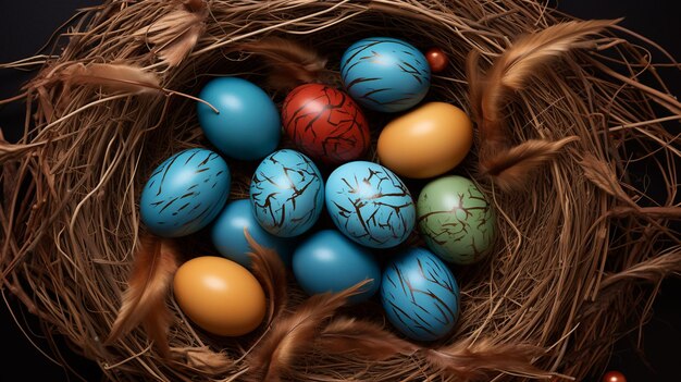 An aerial view showcasing a nest abundantly filled with colorful Easter eggs capturing a festive