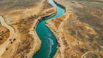 Photo aerial view of a shrinking river snaking through a parched landscape symbolizing dwindling water resources in drought