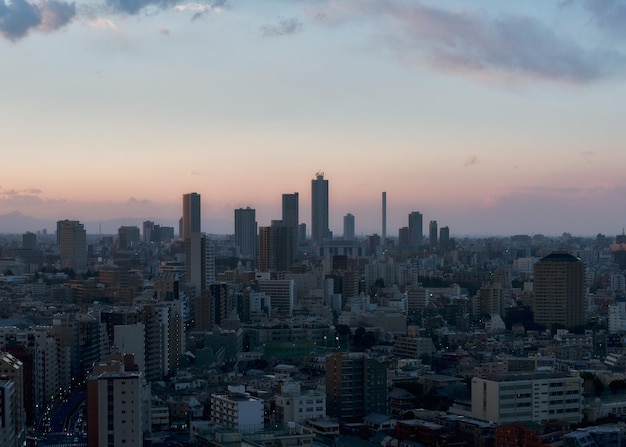 夕暮れの空に映る建物のシルエットを空中から眺める