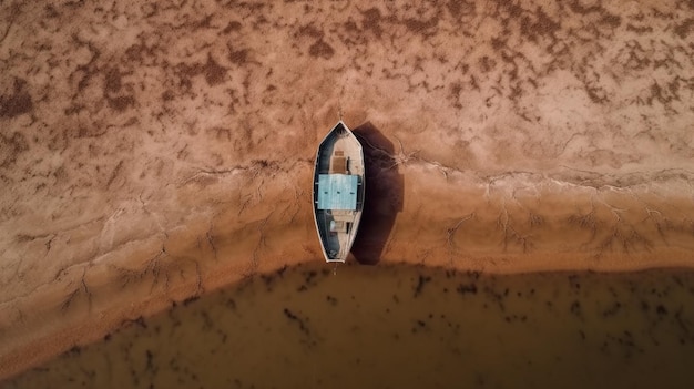 Aerial view of a single fishing boat on the dry surface of a drought lake bed top view