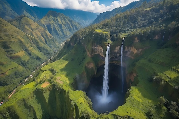 Aerial view sipisopiso waterfall in sumatra travel destination in berastagi and lake toba indonesia