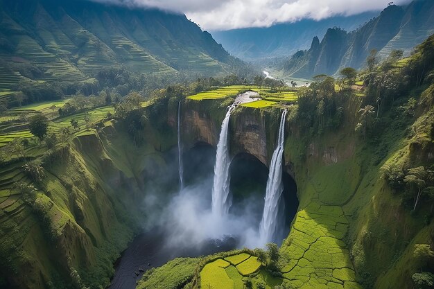 Aerial view sipisopiso waterfall in sumatra travel destination in berastagi and lake toba indonesia