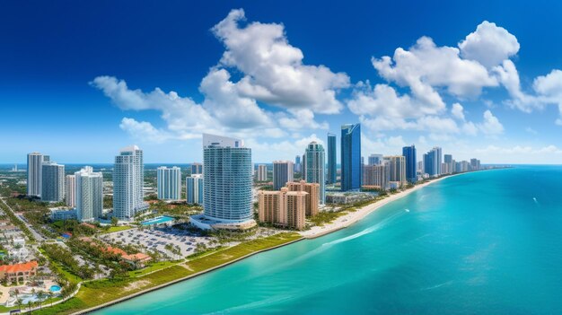 An aerial view in the sky of miami in the style of light beige and skyblue glossy finish elaborate facades majestic sweeping seascapes