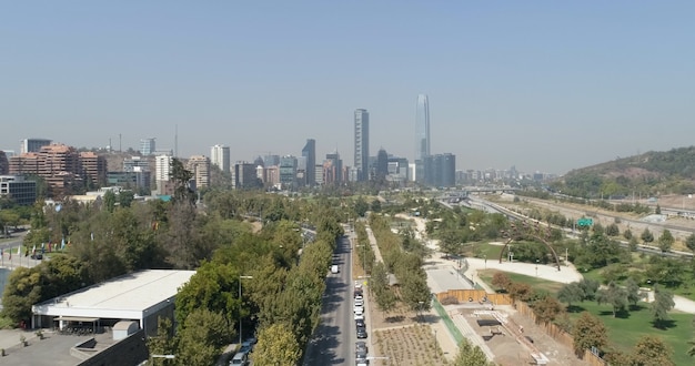 Aerial view on skyscrapers of Financial District of Santiago, capital of Chile.