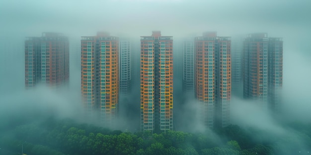 안개 속 의 초고층 건물 들 의 공중 풍경 아름다운 안개 스카이 라인 조용 한 분위기 비즈니스 벽화