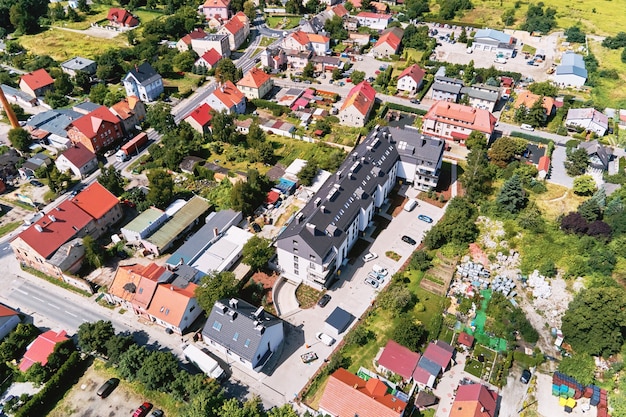 Aerial view of small european town with residential buildings and streets