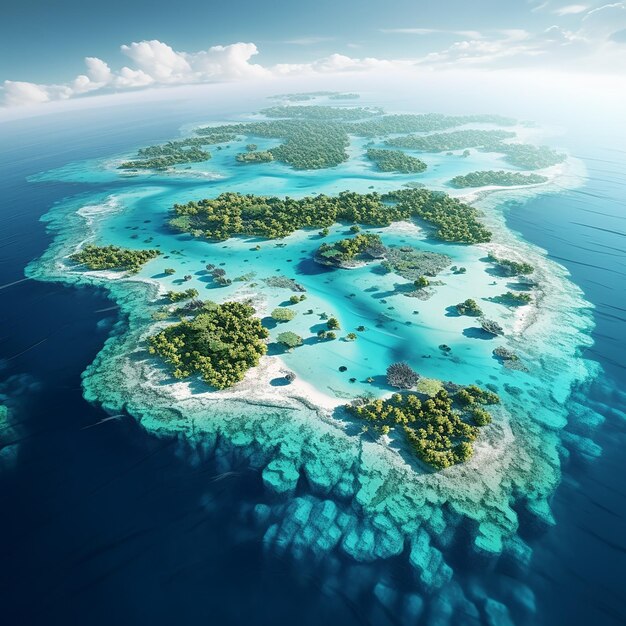 Foto vista aerea di piccole isole atoll esotiche nell'oceano aperto.