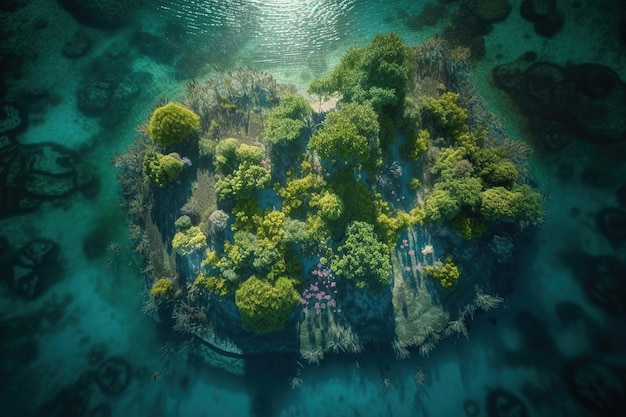 An aerial view of a small island with trees on it.